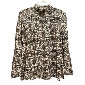 J Jill Printed Smocked Detail Top XL High Neck Barely Vibrant Damask Cotton Blnd